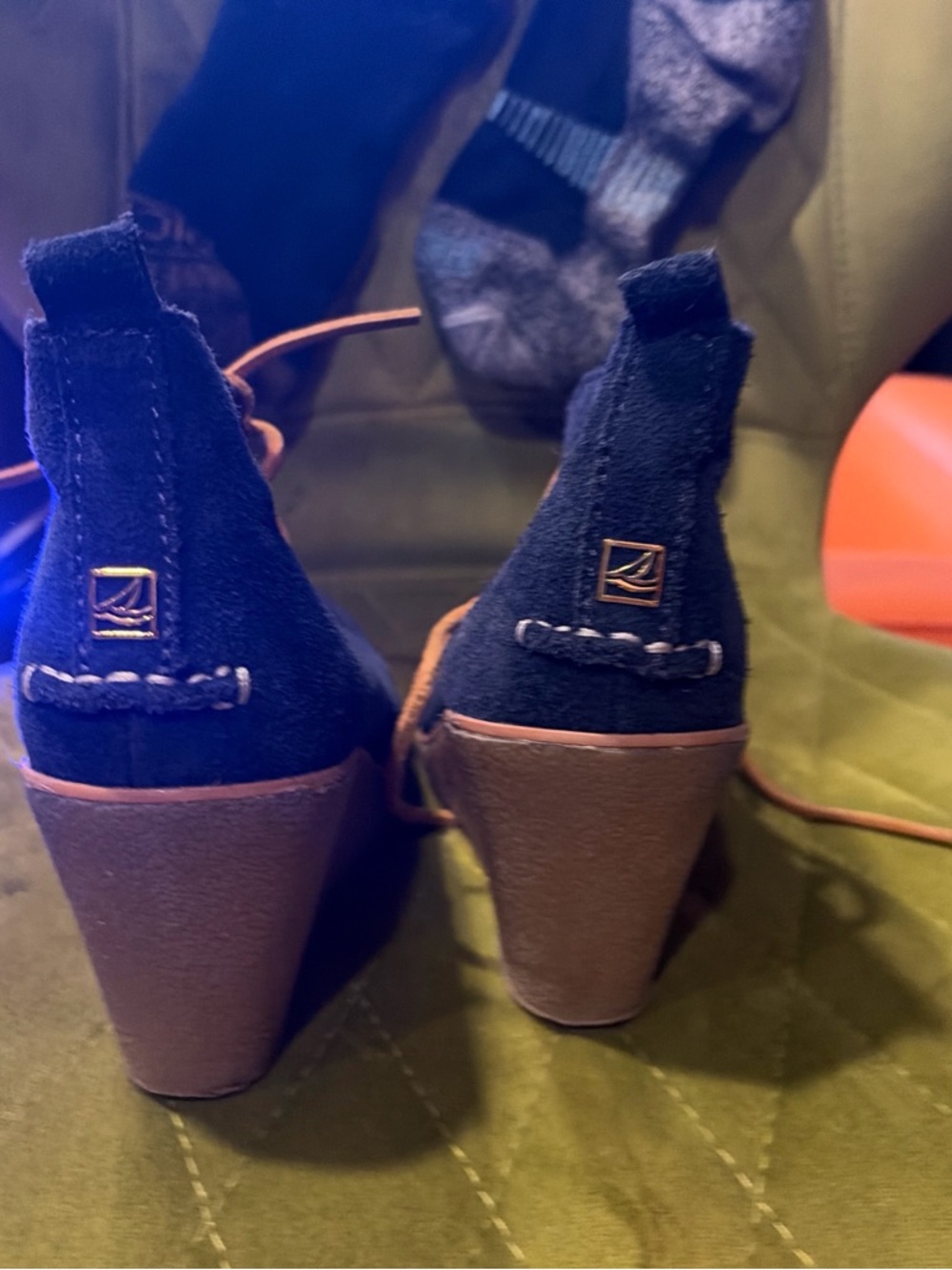 Sperry Black Suede Wedge Sandals with Brown Wedge
